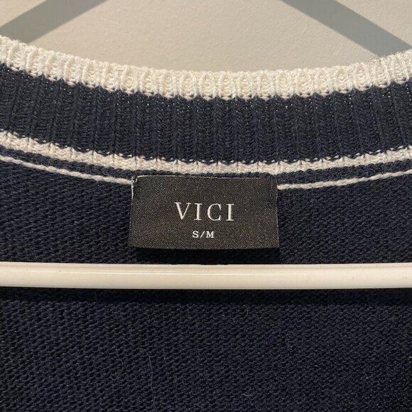 VICI Navy Cardigan Sweater White Stripe Nautical Coastal Grandmother - Picture 4 of 4